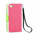 Wholesale iPhone 4S / 4 Anti-Slip Flip Leather Wallet Case with Stand (Pink-Green)